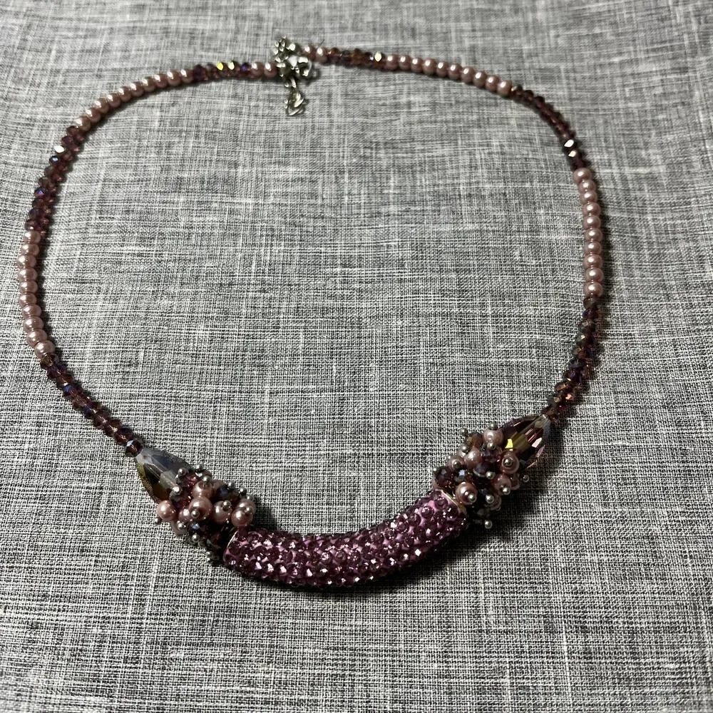 Glass beads, pearls, pink rhinestones Statement Necklace Pink Faceted Glass